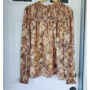 Doe & Rae Floral Cinched Trim Blouse Sheer Sleeves Smocked Women's Size Large